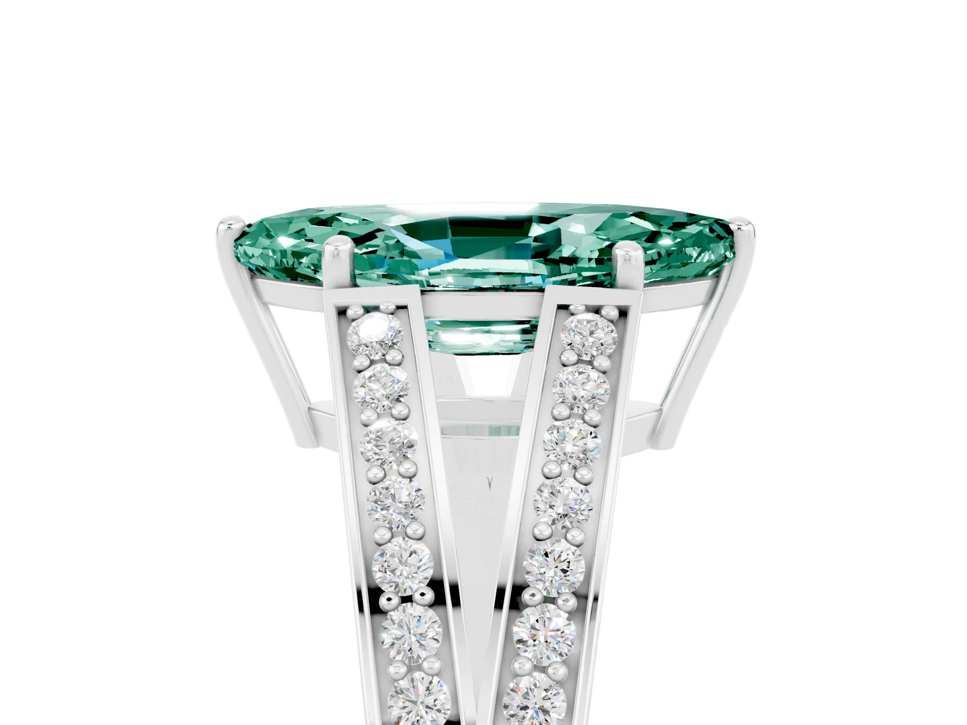 White gold Marquise Cut Green Sapphire Split Shank Ring with Pavé Band and Four-Prong Setting_5