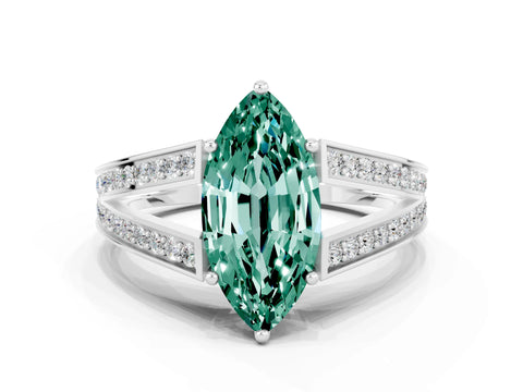 White gold Marquise Cut Green Sapphire Split Shank Ring with Pavé Band and Four-Prong Setting