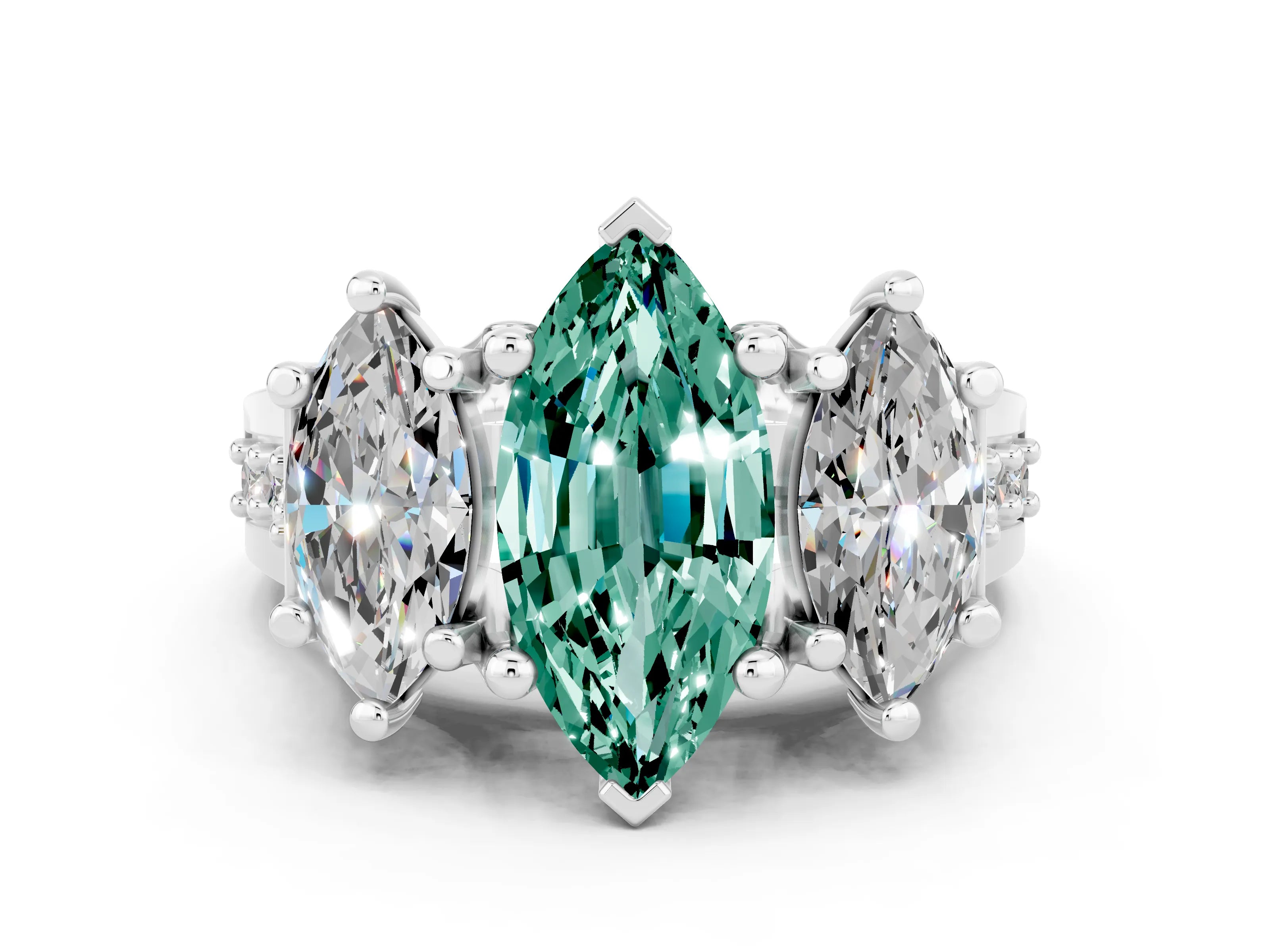 White gold Marquise Cut Green Sapphire Three-Stone Ring with Channel Set Band and Four-Prong Setting