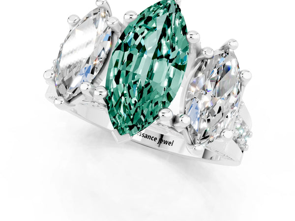 Platinum Marquise Cut Green Sapphire Three-Stone Ring with Channel Set Band and Four-Prong Setting