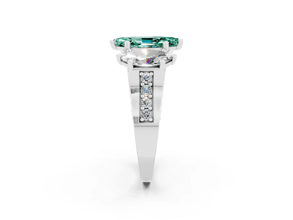 Platinum Marquise Cut Green Sapphire Three-Stone Ring with Channel Set Band and Four-Prong Setting