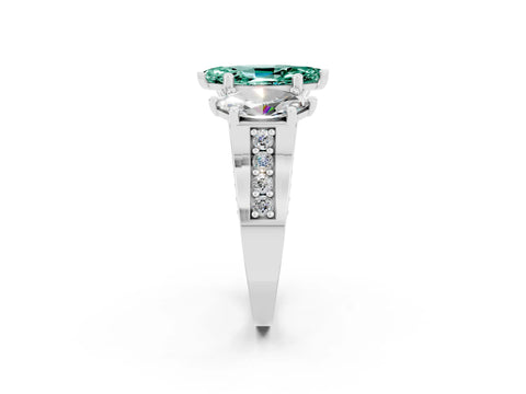 White gold Marquise Cut Green Sapphire Three-Stone Ring with Channel Set Band and Four-Prong Setting_2