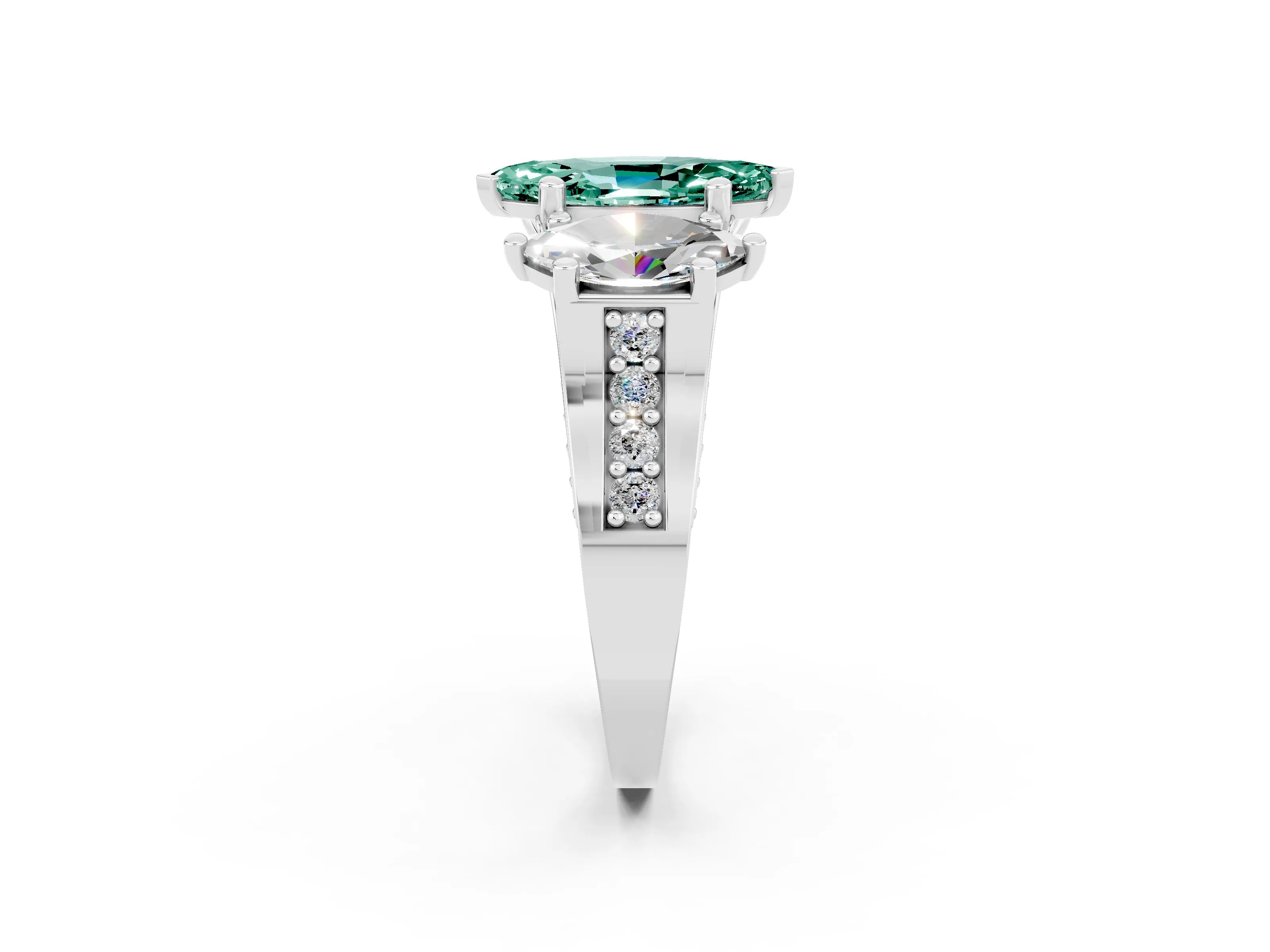 White gold Marquise Cut Green Sapphire Three-Stone Ring with Channel Set Band and Four-Prong Setting_2