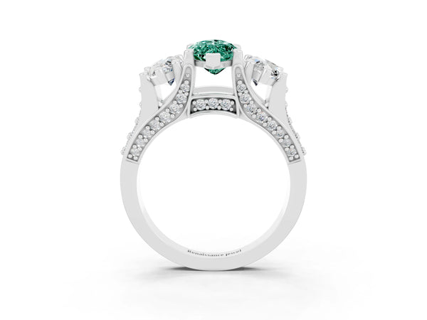 White gold Marquise Cut Green Sapphire Three-Stone Ring with Channel Set Band and Four-Prong Setting