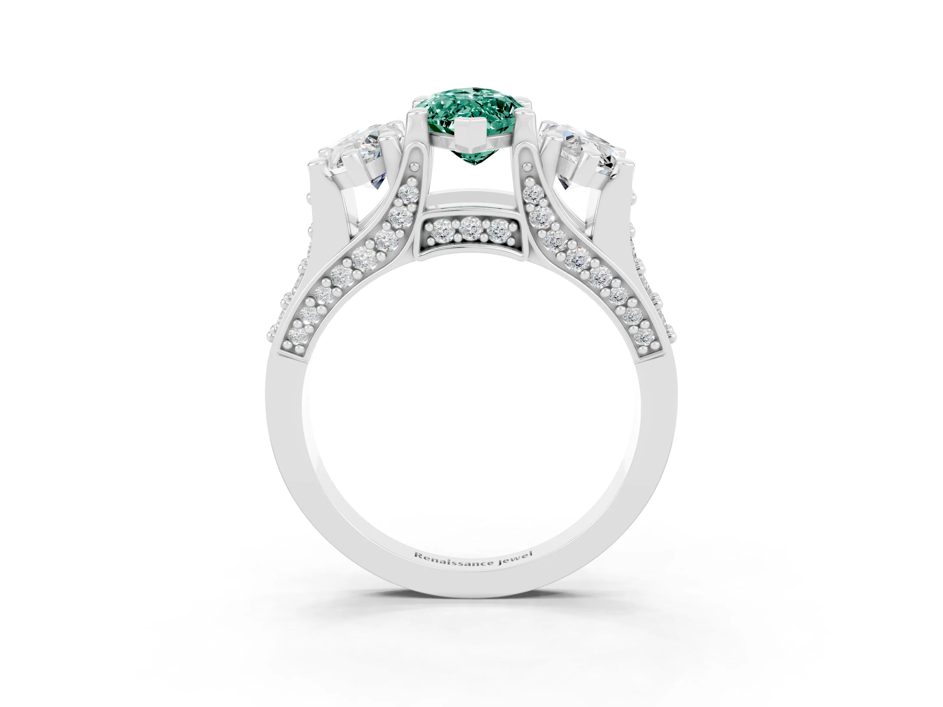 White gold Marquise Cut Green Sapphire Three-Stone Ring with Channel Set Band and Four-Prong Setting_3