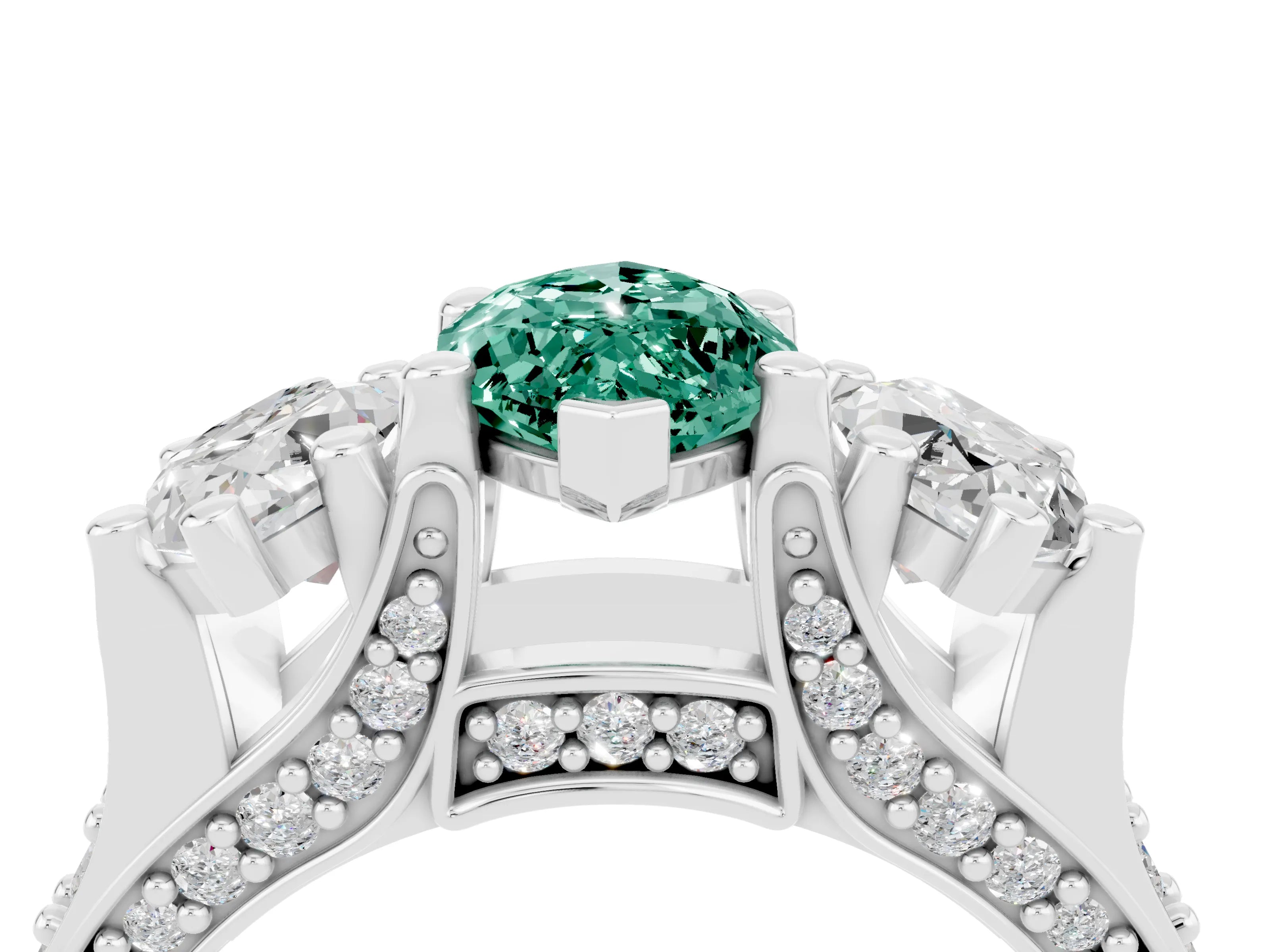 White gold Marquise Cut Green Sapphire Three-Stone Ring with Channel Set Band and Four-Prong Setting_4