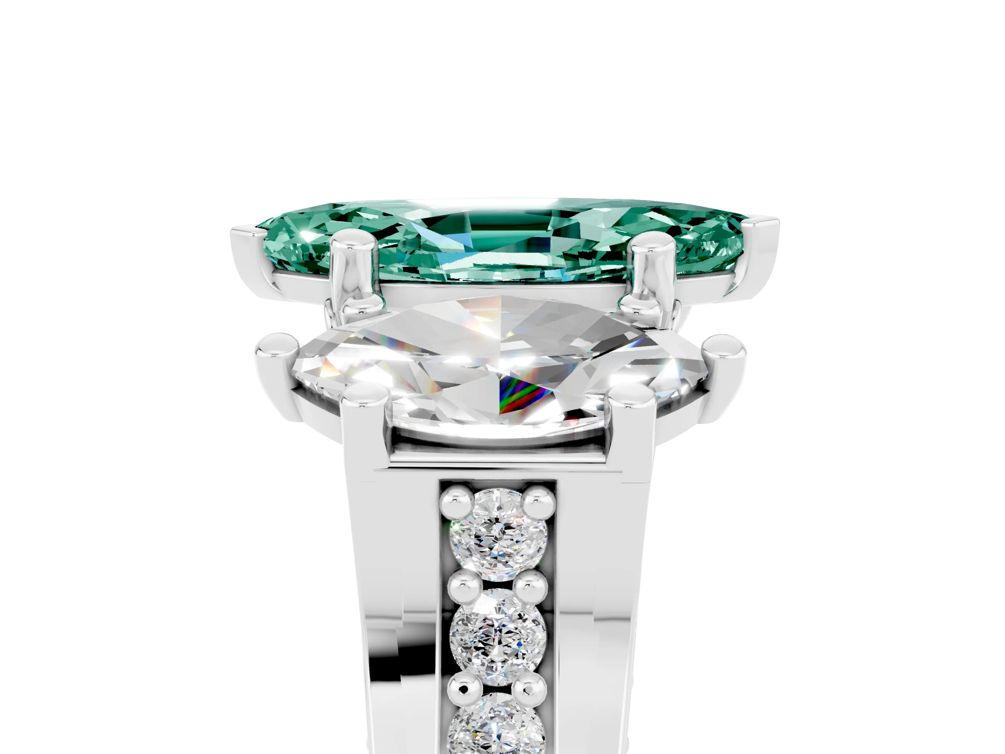 White gold Marquise Cut Green Sapphire Three-Stone Ring with Channel Set Band and Four-Prong Setting_5