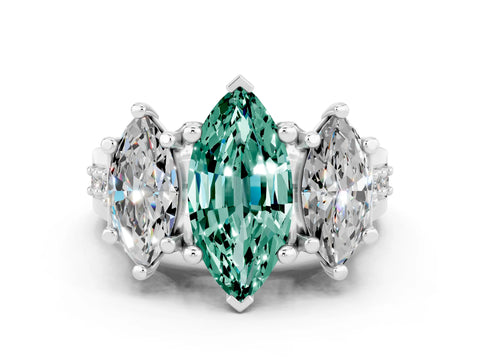 White gold Marquise Cut Green Sapphire Three-Stone Ring with Channel Set Band and Four-Prong Setting