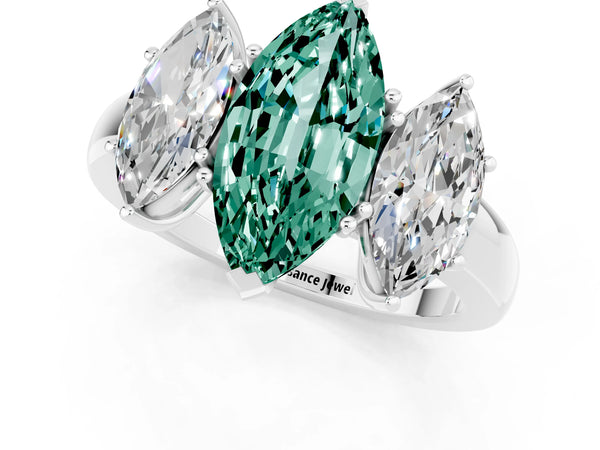 Platinum Marquise Cut Green Sapphire Three-Stone Ring with Four-Prong Setting and Classic Band