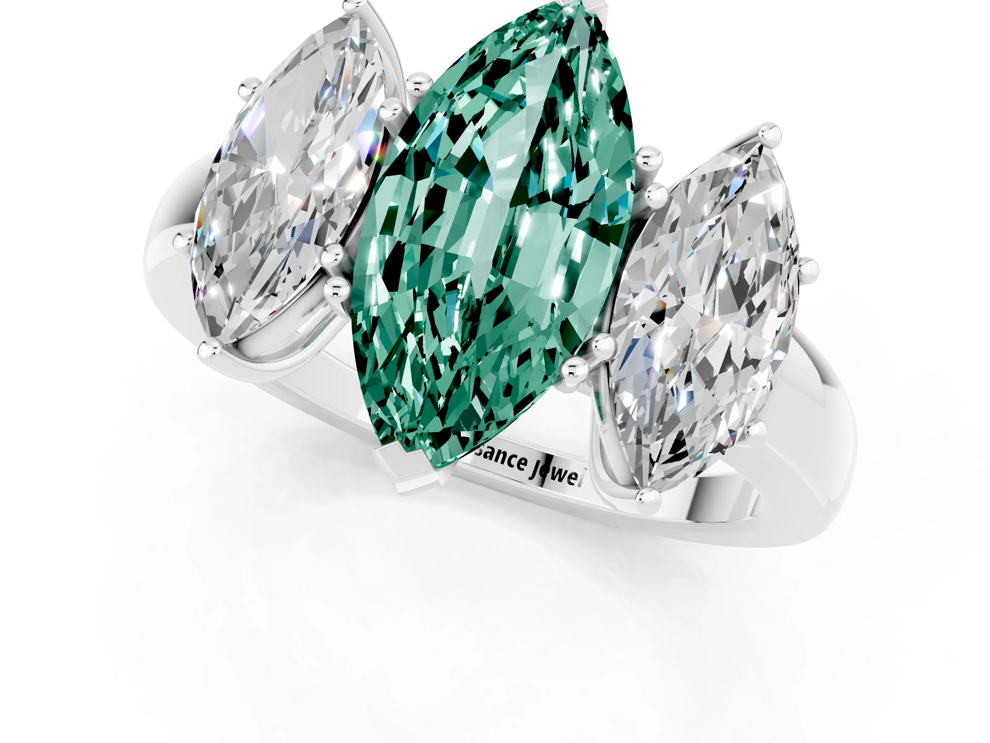 White gold Marquise Cut Green Sapphire Three-Stone Ring with Four-Prong Setting and Classic Band_1