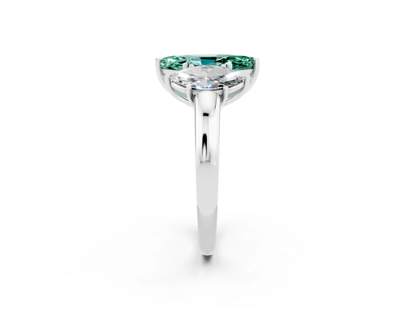 Silver Marquise Cut Green Sapphire Three-Stone Ring with Four-Prong Setting and Classic Band