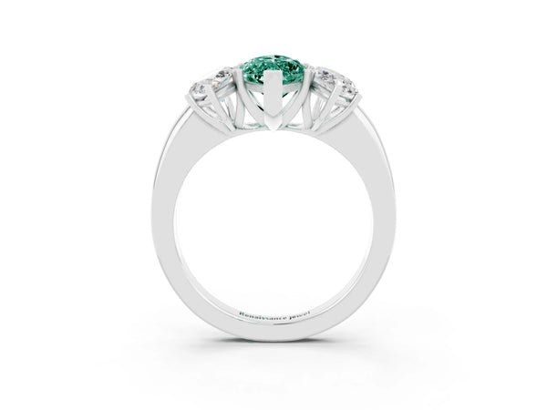 Platinum Marquise Cut Green Sapphire Three-Stone Ring with Four-Prong Setting and Classic Band