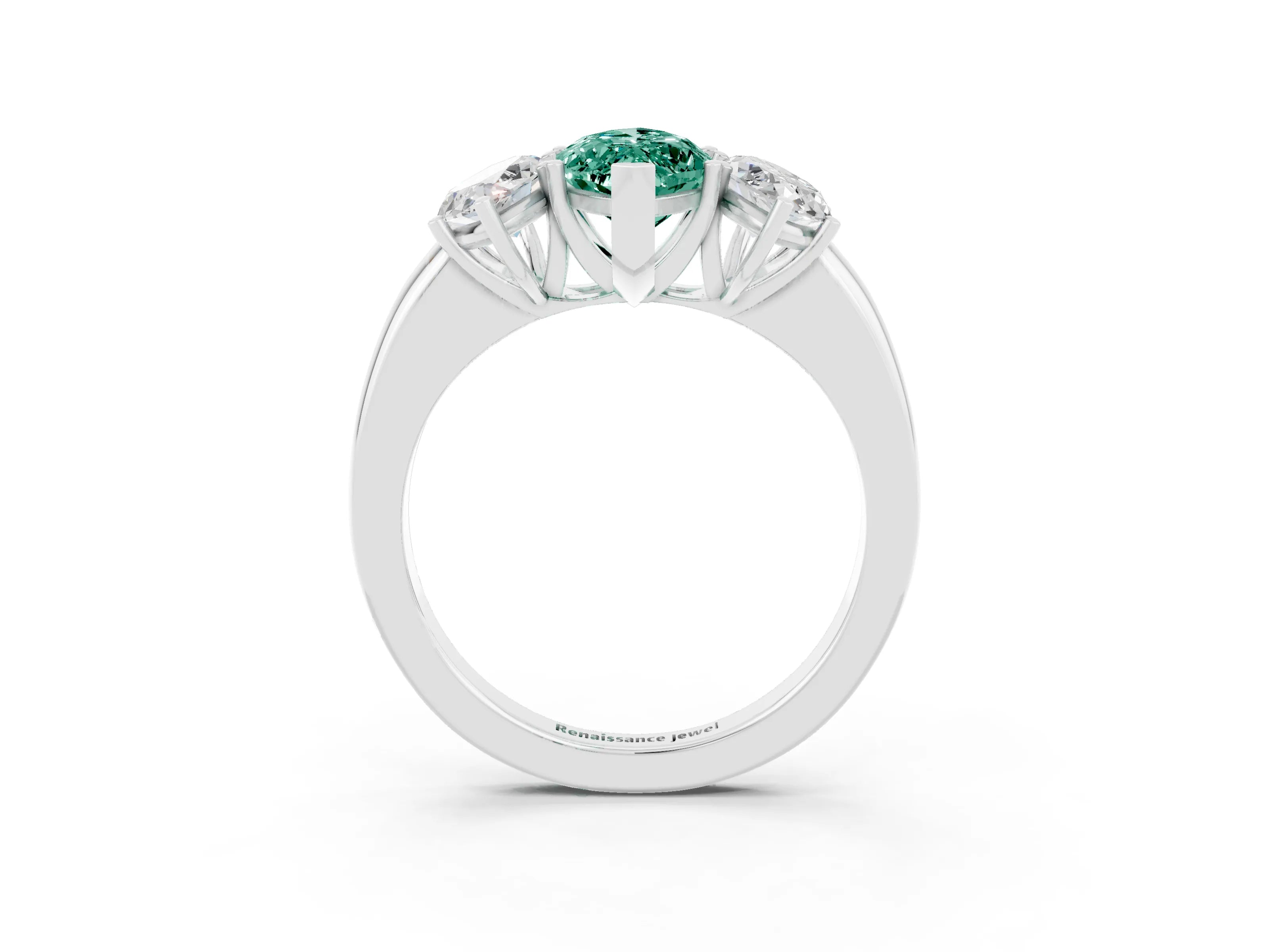 White gold Marquise Cut Green Sapphire Three-Stone Ring with Four-Prong Setting and Classic Band_3