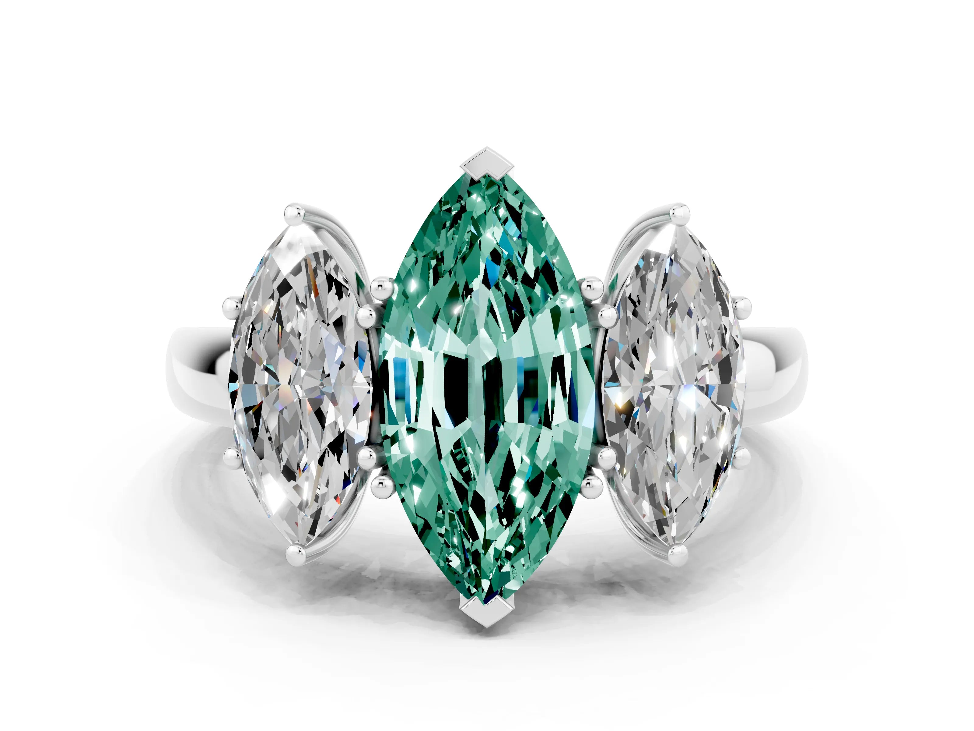 White gold Marquise Cut Green Sapphire Three-Stone Ring with Four-Prong Setting and Classic Band