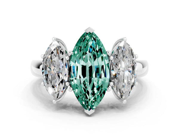 White gold Marquise Cut Green Sapphire Three-Stone Ring with Four-Prong Setting and Classic Band