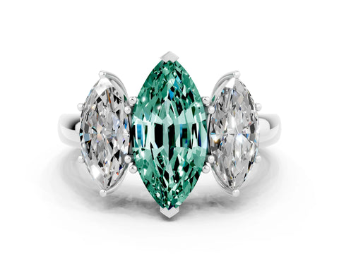 White gold Marquise Cut Green Sapphire Three-Stone Ring with Four-Prong Setting and Classic Band