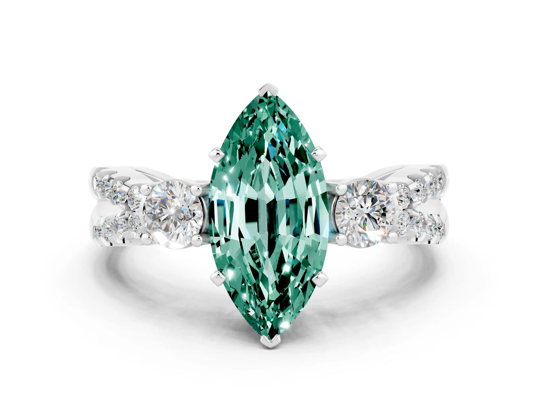 White gold Marquise Cut Green Sapphire Three-Stone Ring with Pavé Split Shank and Four-Prong Setting_12