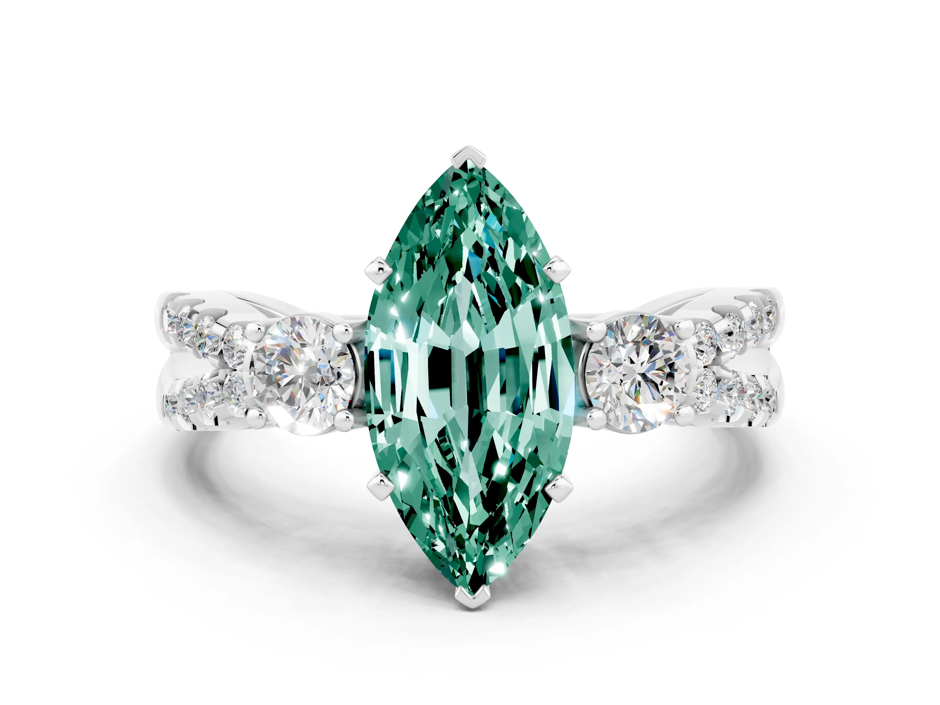 White gold Marquise Cut Green Sapphire Three-Stone Ring with Pavé Split Shank and Four-Prong Setting_12