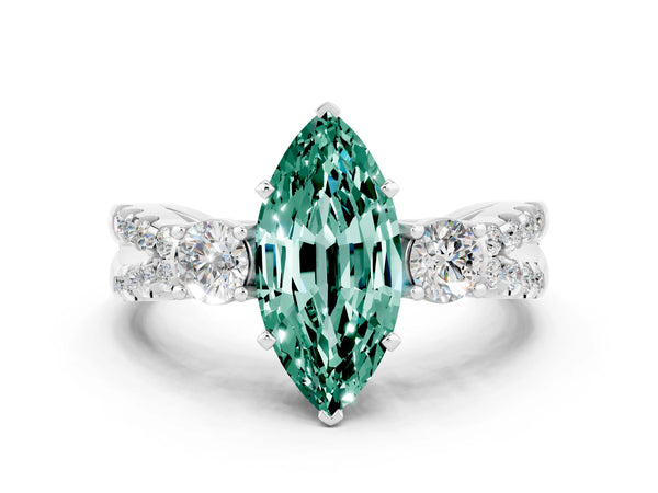 Silver Marquise Cut Green Sapphire Three-Stone Ring with Pavé Split Shank and Four-Prong Setting