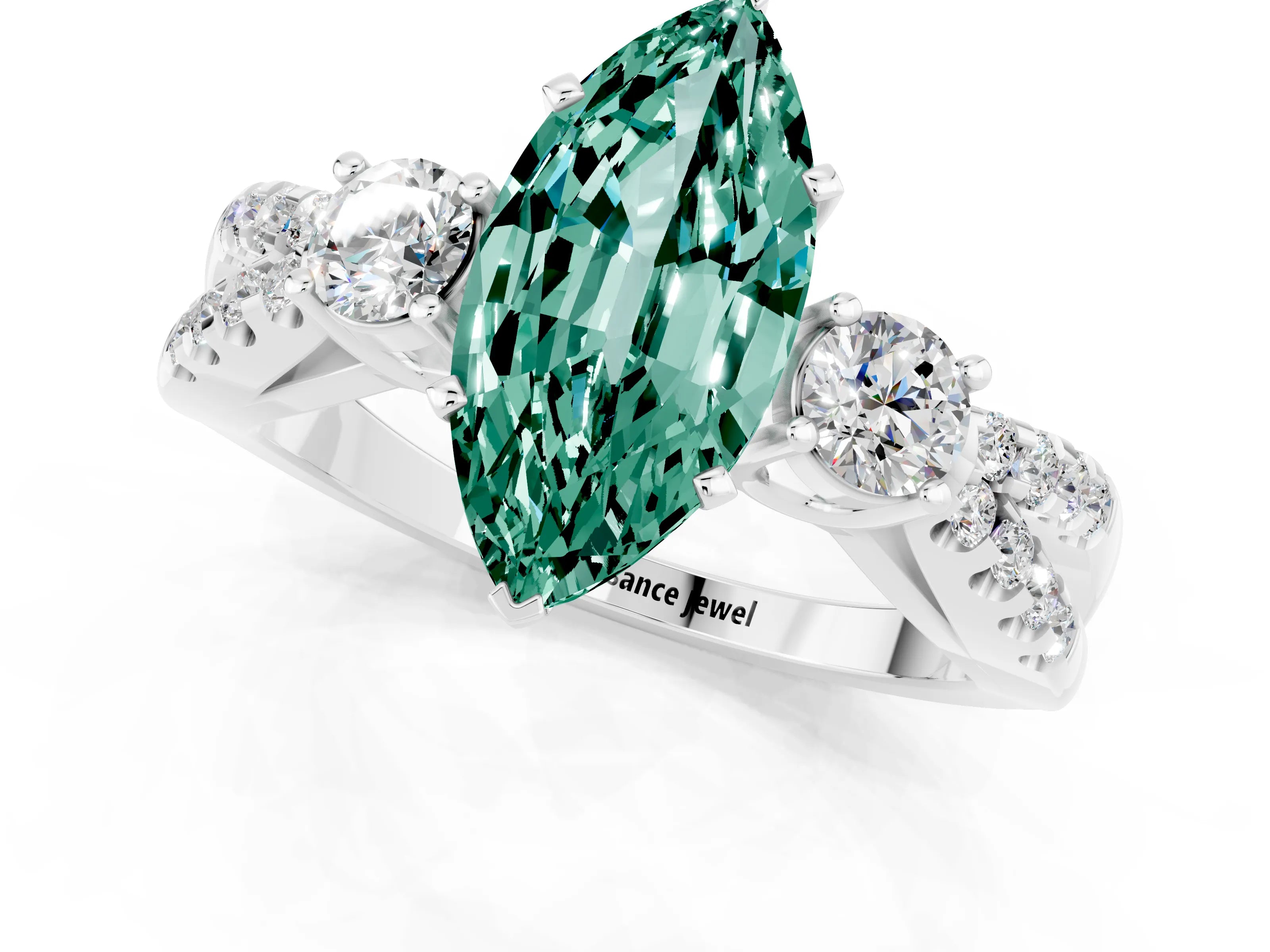 White gold Marquise Cut Green Sapphire Three-Stone Ring with Pavé Split Shank and Four-Prong Setting_13