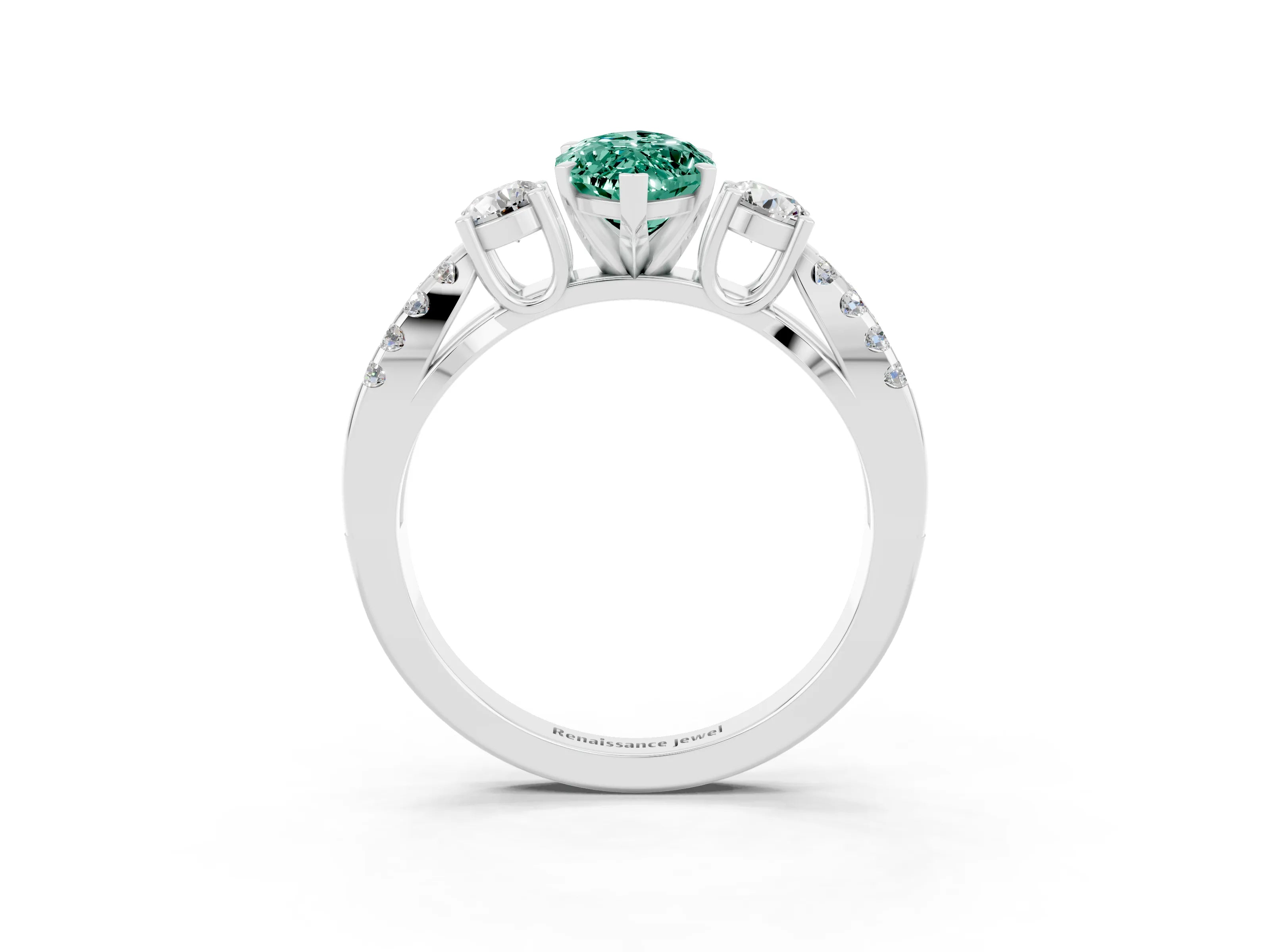 White gold Marquise Cut Green Sapphire Three-Stone Ring with Pavé Split Shank and Four-Prong Setting_15