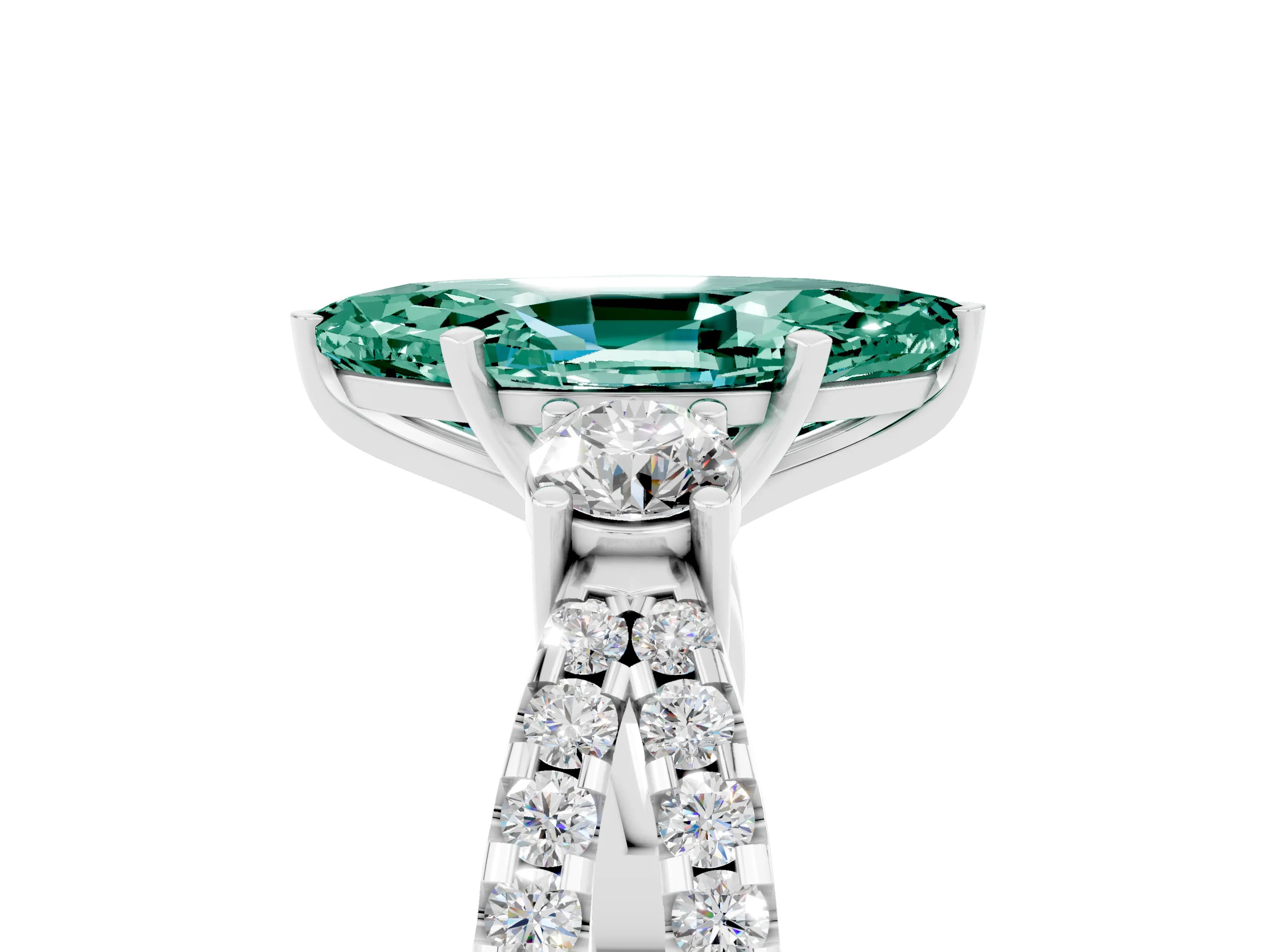 White gold Marquise Cut Green Sapphire Three-Stone Ring with Pavé Split Shank and Four-Prong Setting_17