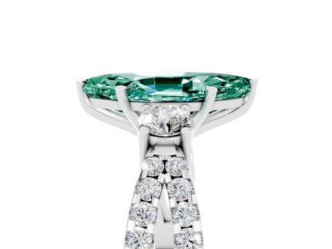 White gold Marquise Cut Green Sapphire Three-Stone Ring with Pavé Split Shank and Four-Prong Setting_17