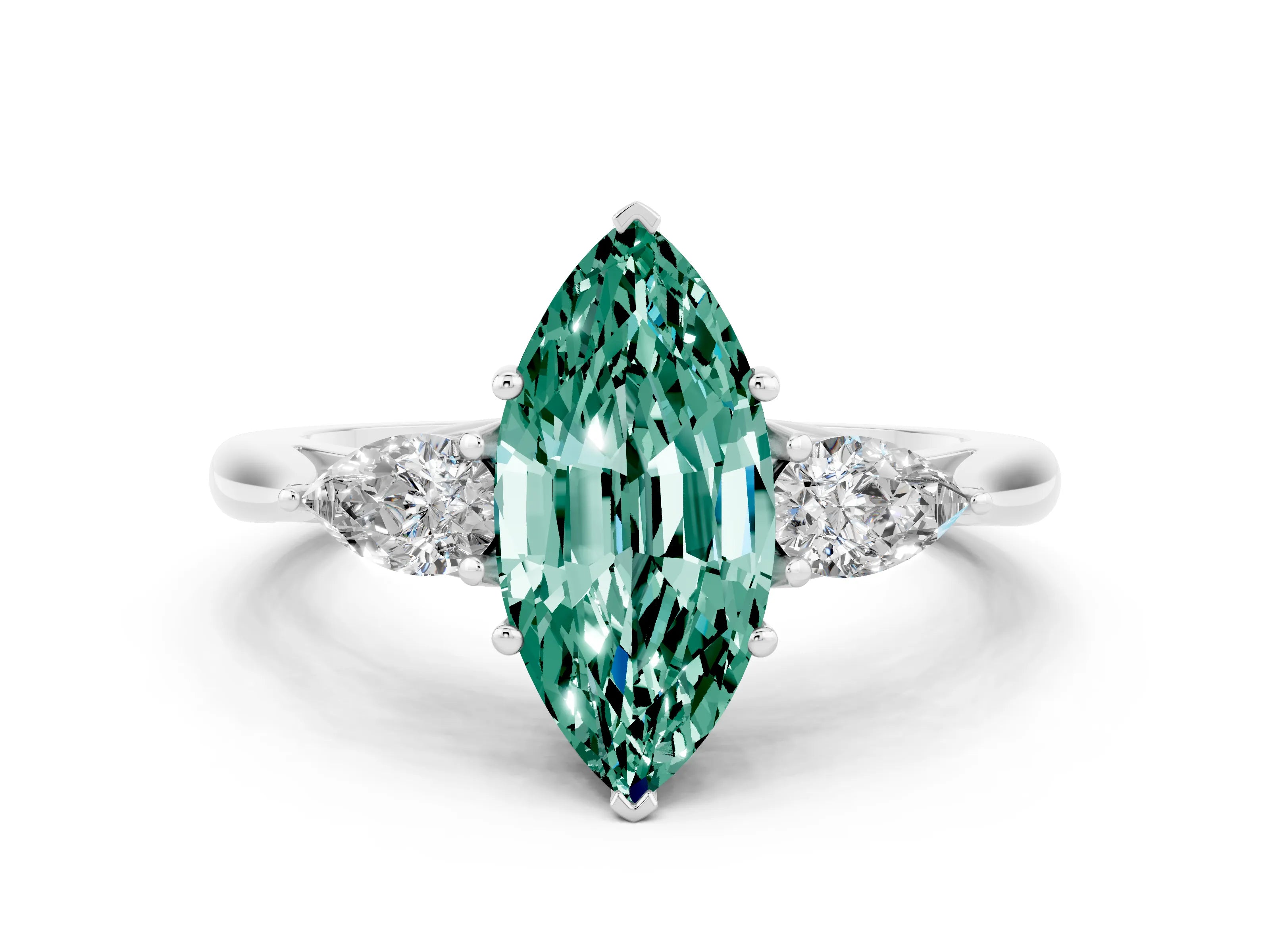 White gold Marquise Cut Green Sapphire Three-Stone Ring with Pear Side Stones and Four-Prong Setting_12