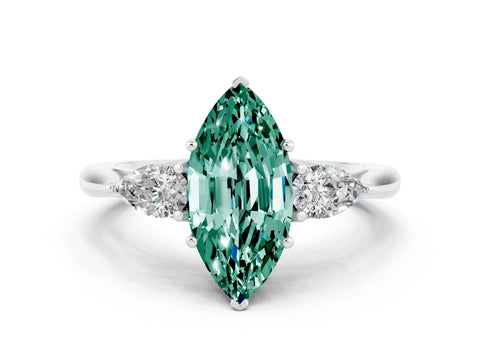 White gold Marquise Cut Green Sapphire Three-Stone Ring with Pear Side Stones and Four-Prong Setting_12