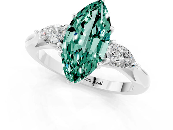 Silver Marquise Cut Green Sapphire Three-Stone Ring with Pear  Side Stones and Prong Setting
