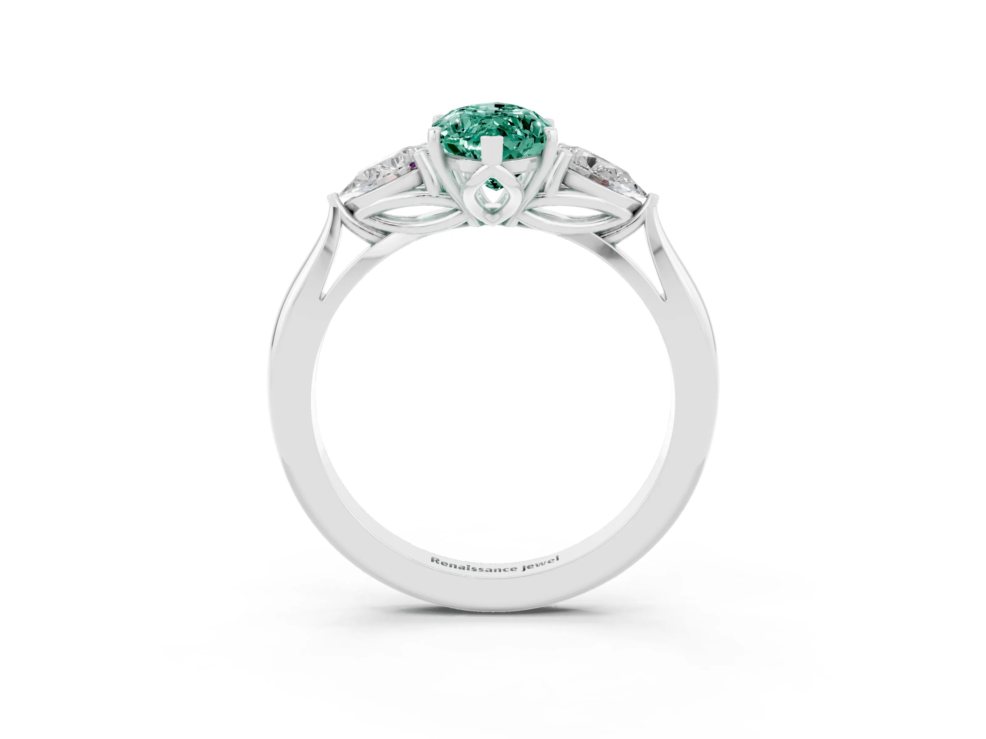 White gold Marquise Cut Green Sapphire Three-Stone Ring with Pear Side Stones and Four-Prong Setting_15