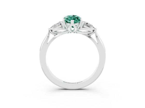 Silver Marquise Cut Green Sapphire Three-Stone Ring with Pear  Side Stones and Prong Setting