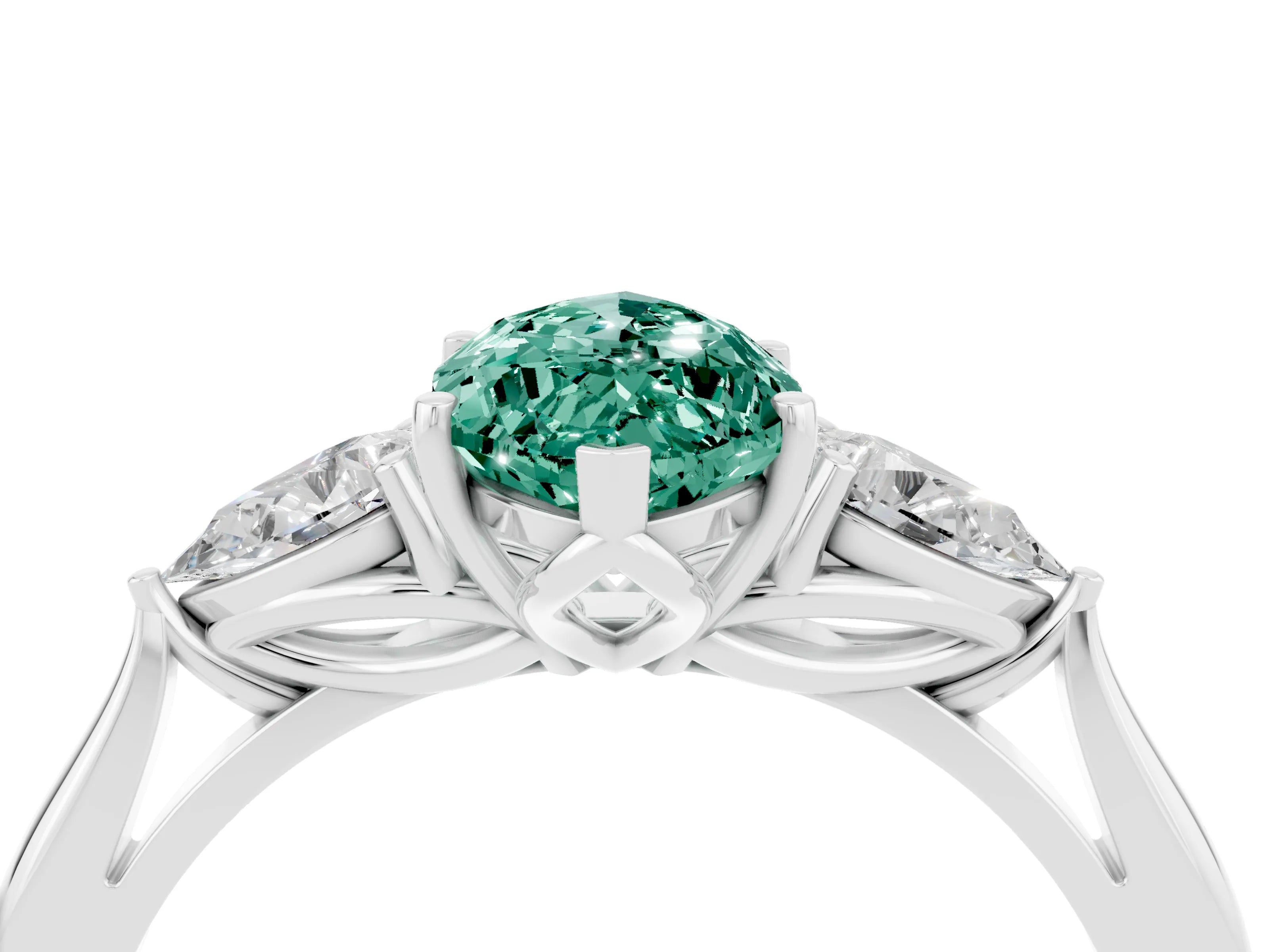 White gold Marquise Cut Green Sapphire Three-Stone Ring with Pear Side Stones and Four-Prong Setting_16