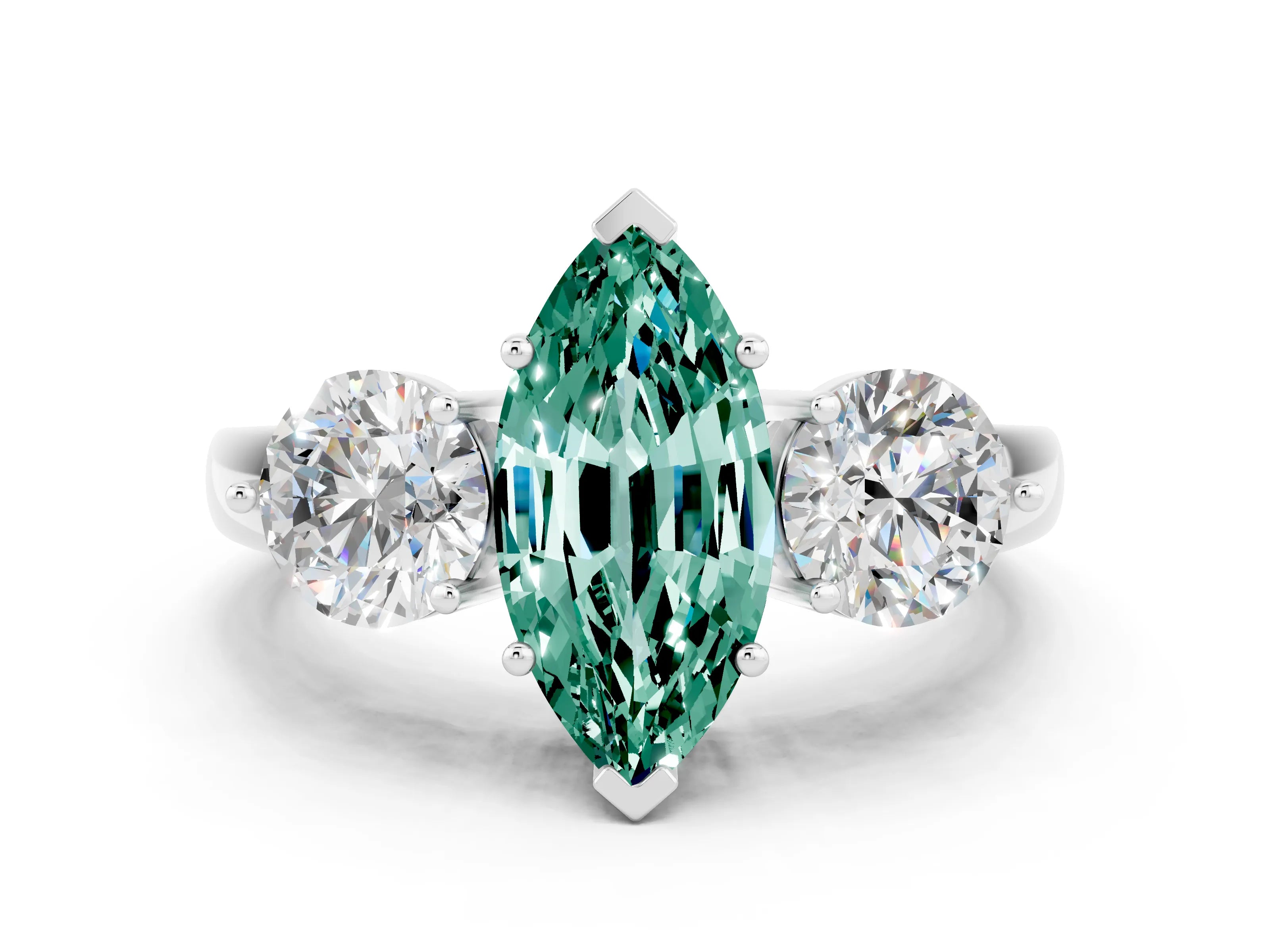 White gold Marquise Cut Green Sapphire Three-Stone Ring with Prong Setting and Classic Band