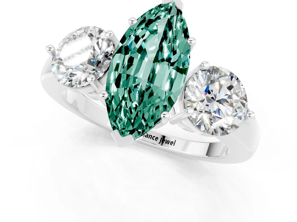 Platinum Marquise Cut Green Sapphire Three-Stone Ring with Prong Setting and Classic Band