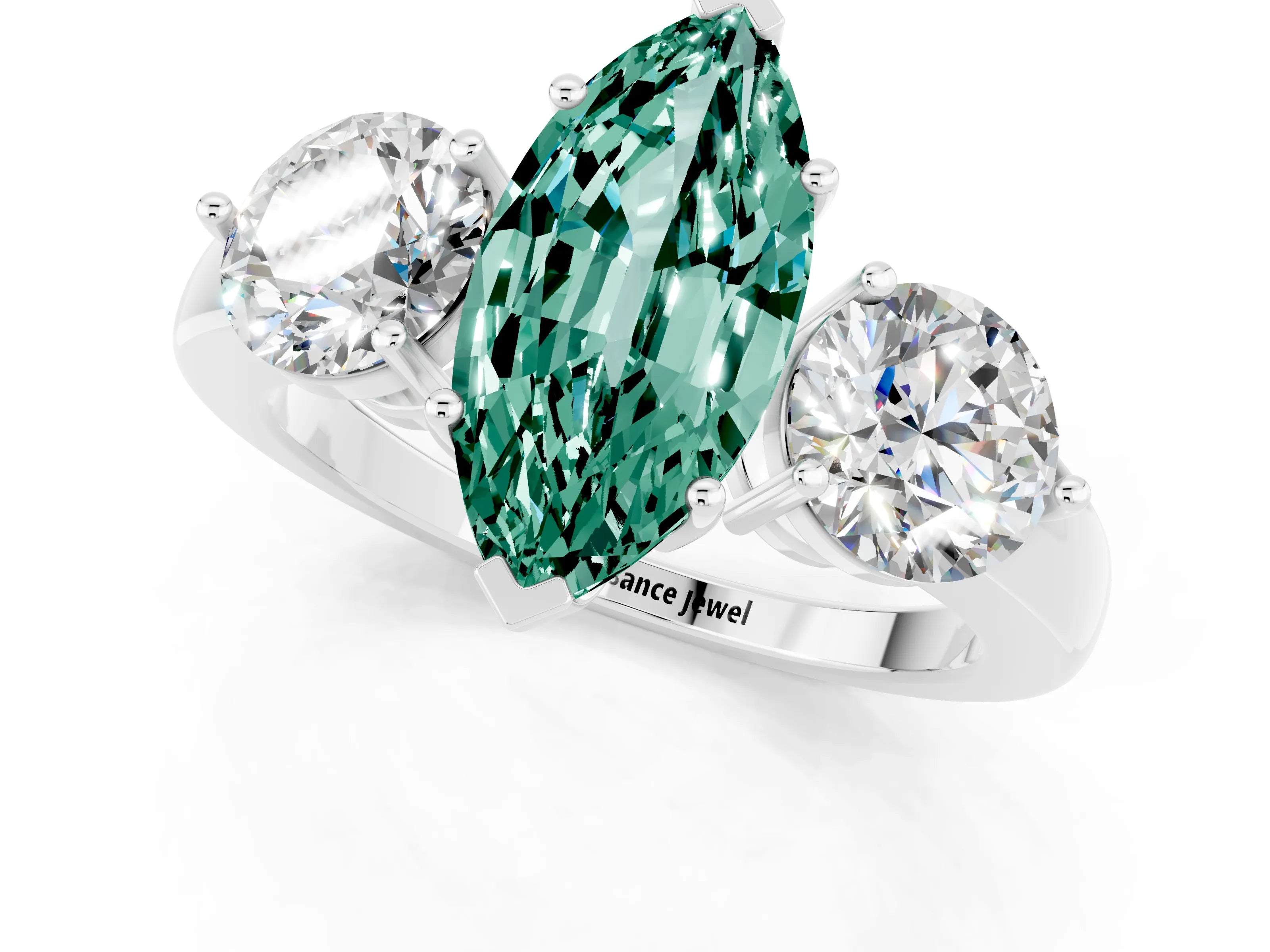White gold Marquise Cut Green Sapphire Three-Stone Ring with Prong Setting and Classic Band_1