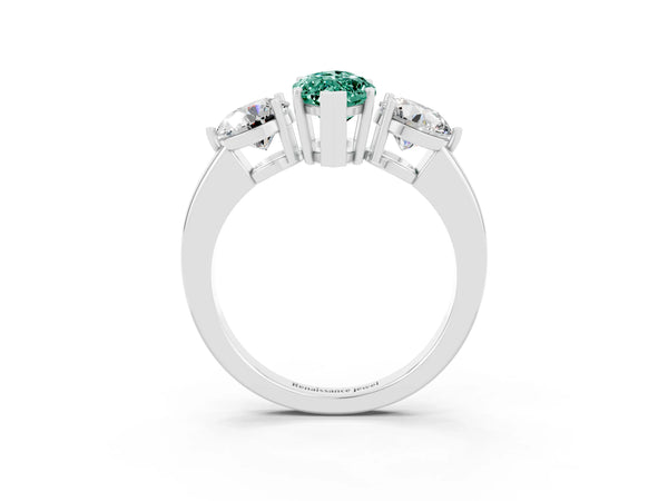 White gold Marquise Cut Green Sapphire Three-Stone Ring with Prong Setting and Classic Band