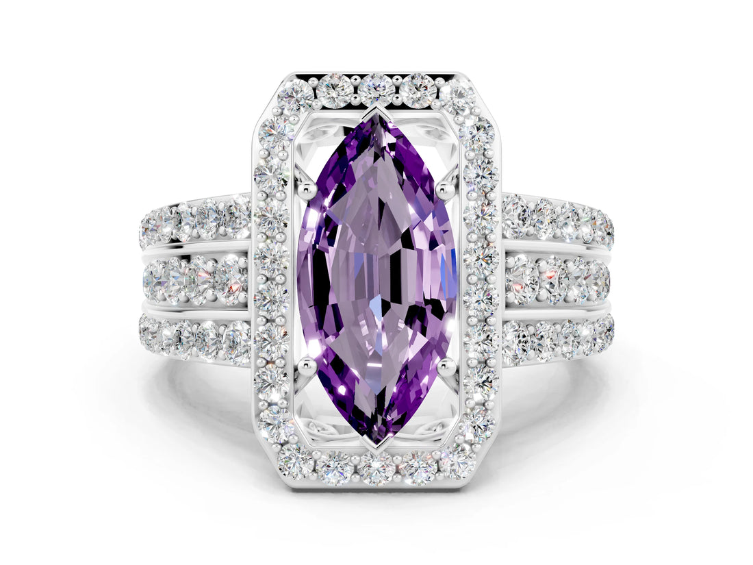 White gold Marquise Cut Halo Amethyst Ring with Round  Split Shank and Prong Setting_12