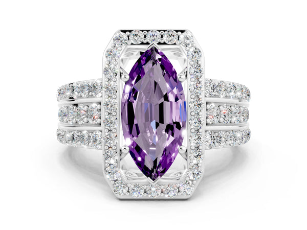 Platinum Marquise Cut Halo Amethyst Ring with Round  Split Shank and Prong Setting
