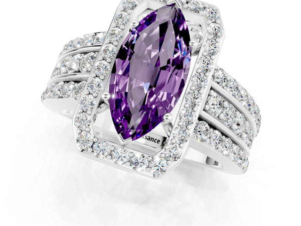Silver Marquise Cut Halo Amethyst Ring with Round  Split Shank and Prong Setting