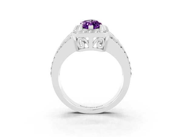 Platinum Marquise Cut Halo Amethyst Ring with Round  Split Shank and Prong Setting