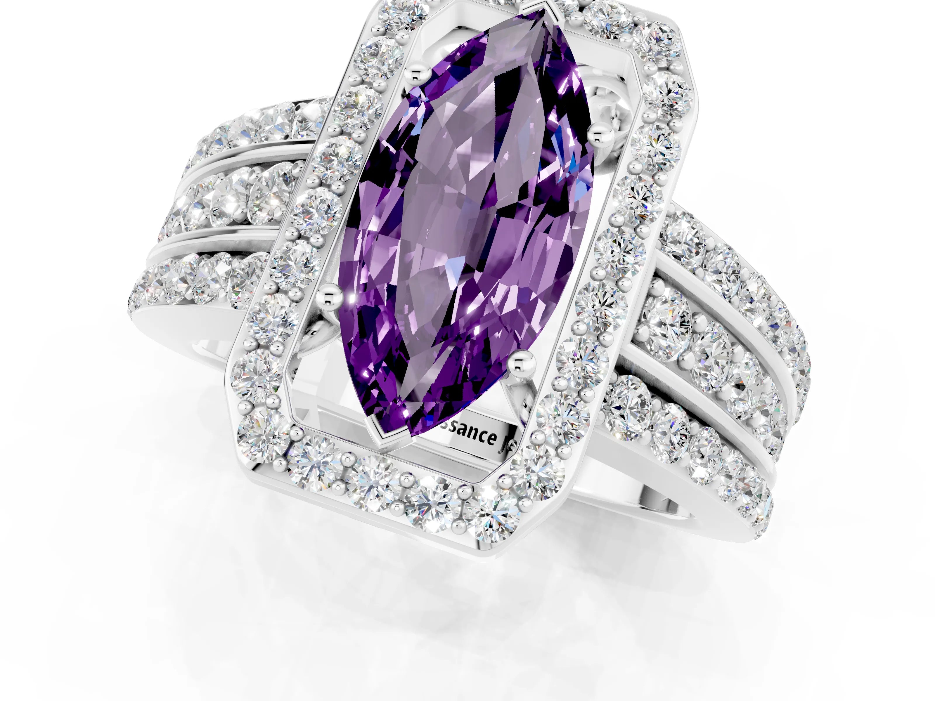 White gold Marquise Cut Halo Amethyst Ring with Split Shank and Four-Prong Setting_1