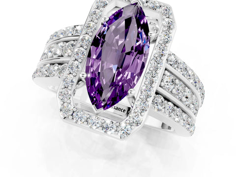 White gold Marquise Cut Halo Amethyst Ring with Split Shank and Four-Prong Setting_1