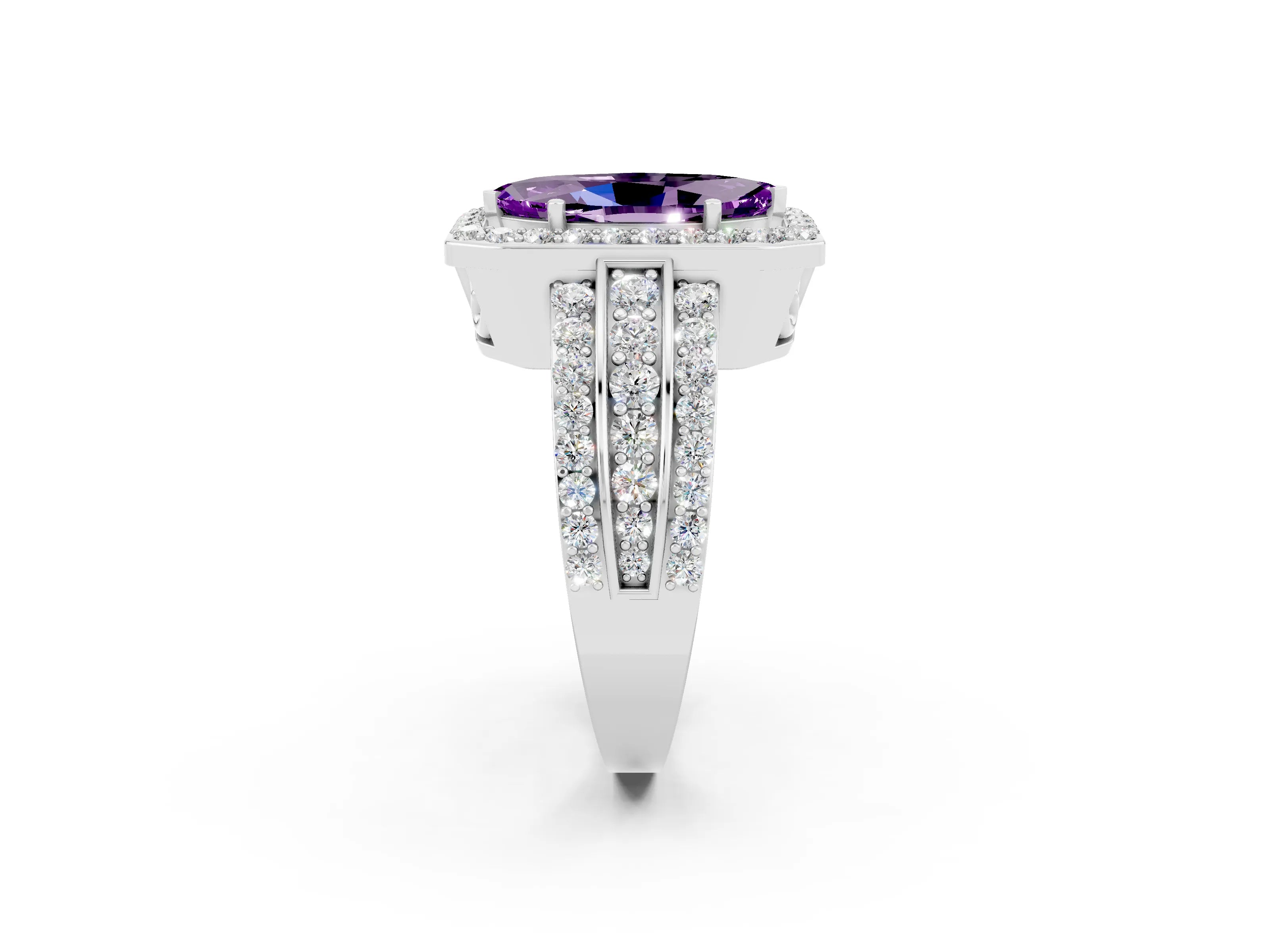 White gold Marquise Cut Halo Amethyst Ring with Split Shank and Four-Prong Setting_2