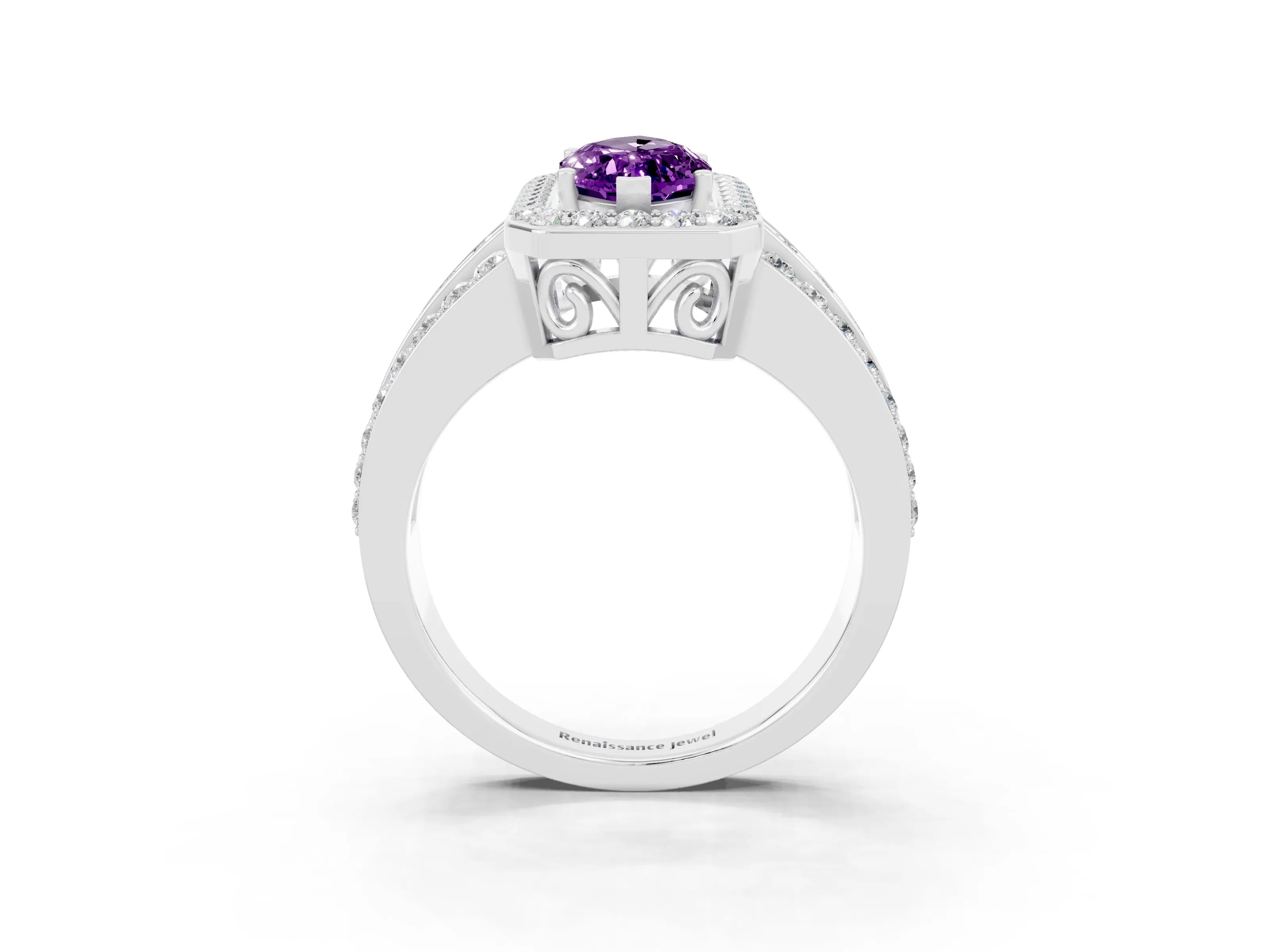 White gold Marquise Cut Halo Amethyst Ring with Split Shank and Four-Prong Setting_3
