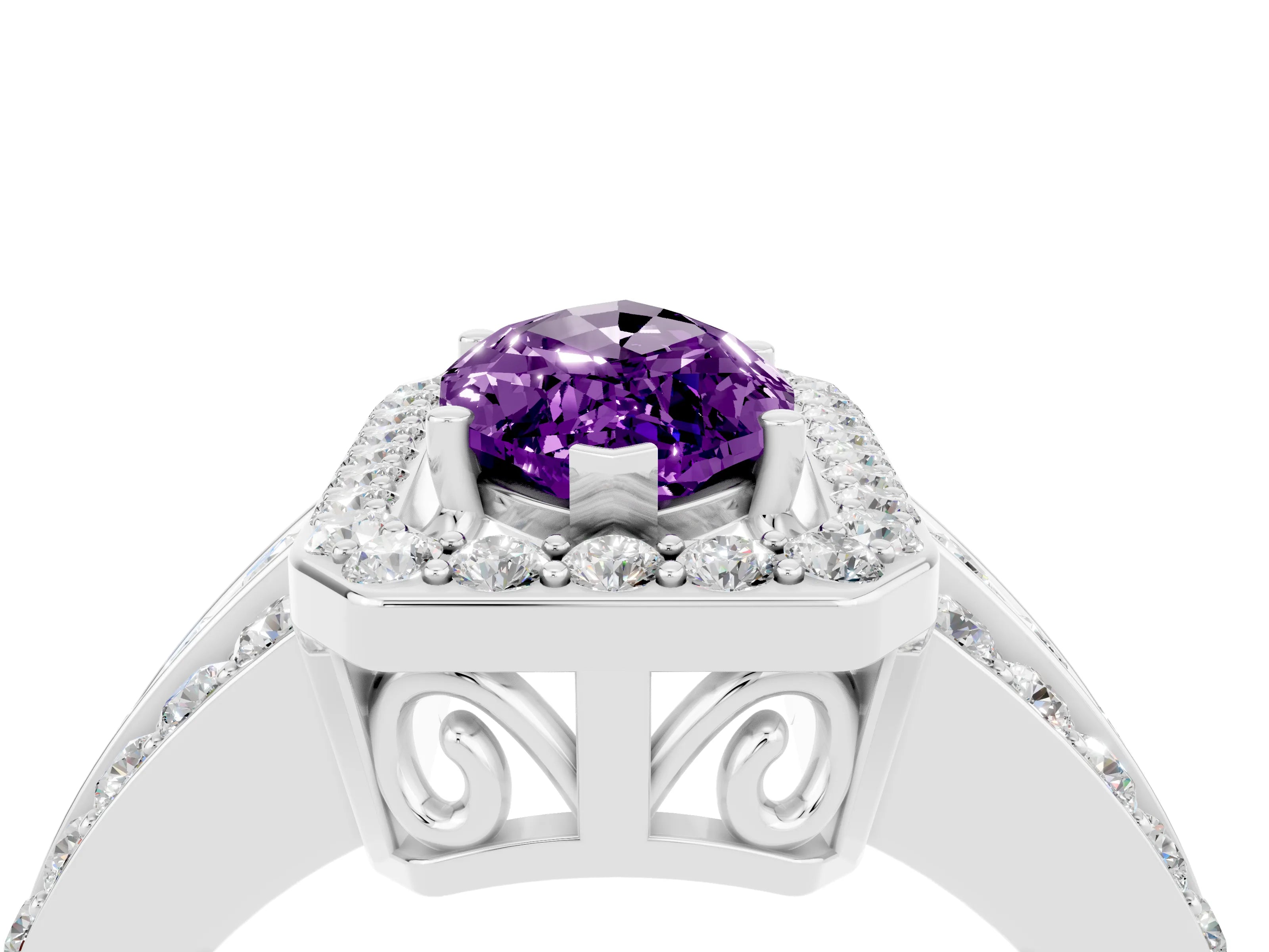 White gold Marquise Cut Halo Amethyst Ring with Split Shank and Four-Prong Setting_4
