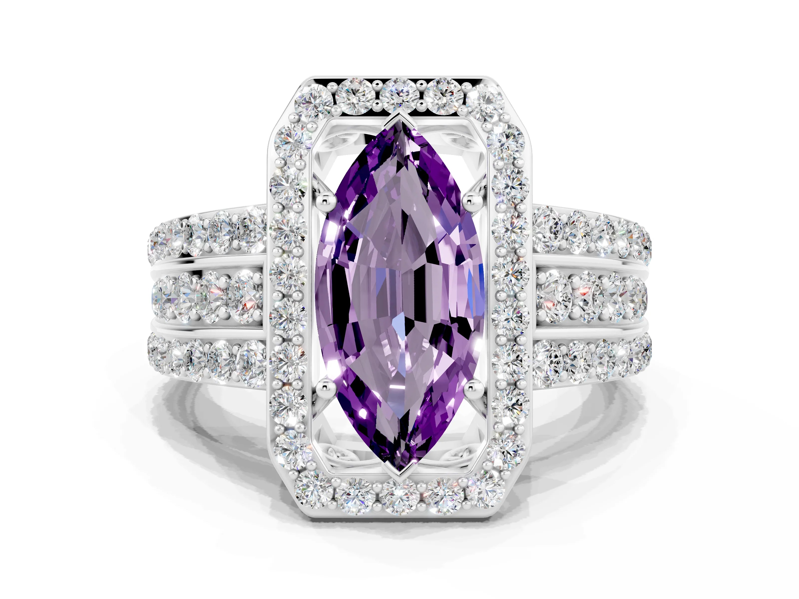 White gold Marquise Cut Halo Amethyst Ring with Split Shank and Four-Prong Setting