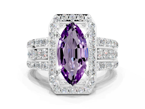 White gold Marquise Cut Halo Amethyst Ring with Split Shank and Four-Prong Setting