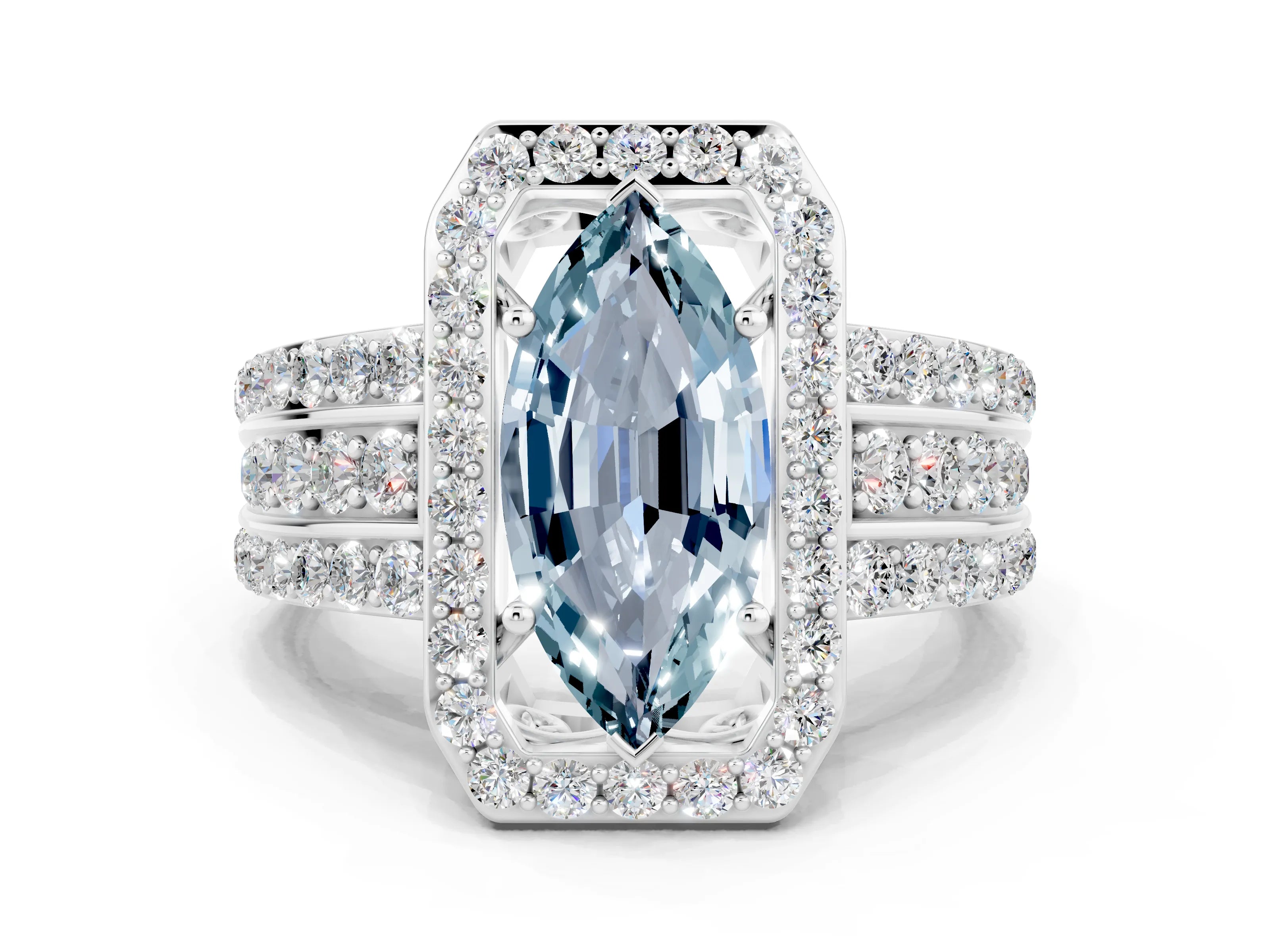 White gold Marquise Cut Halo Aquamarine Ring with Round  Split Shank and Prong Setting_12