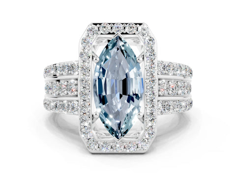 White gold Marquise Cut Halo Aquamarine Ring with Round  Split Shank and Prong Setting_12